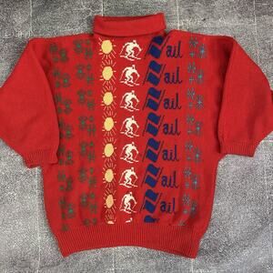 Women's Vintage 70's Vail Ski Resorts USA Red Wool Knit Turtleneck Sweater Sz L